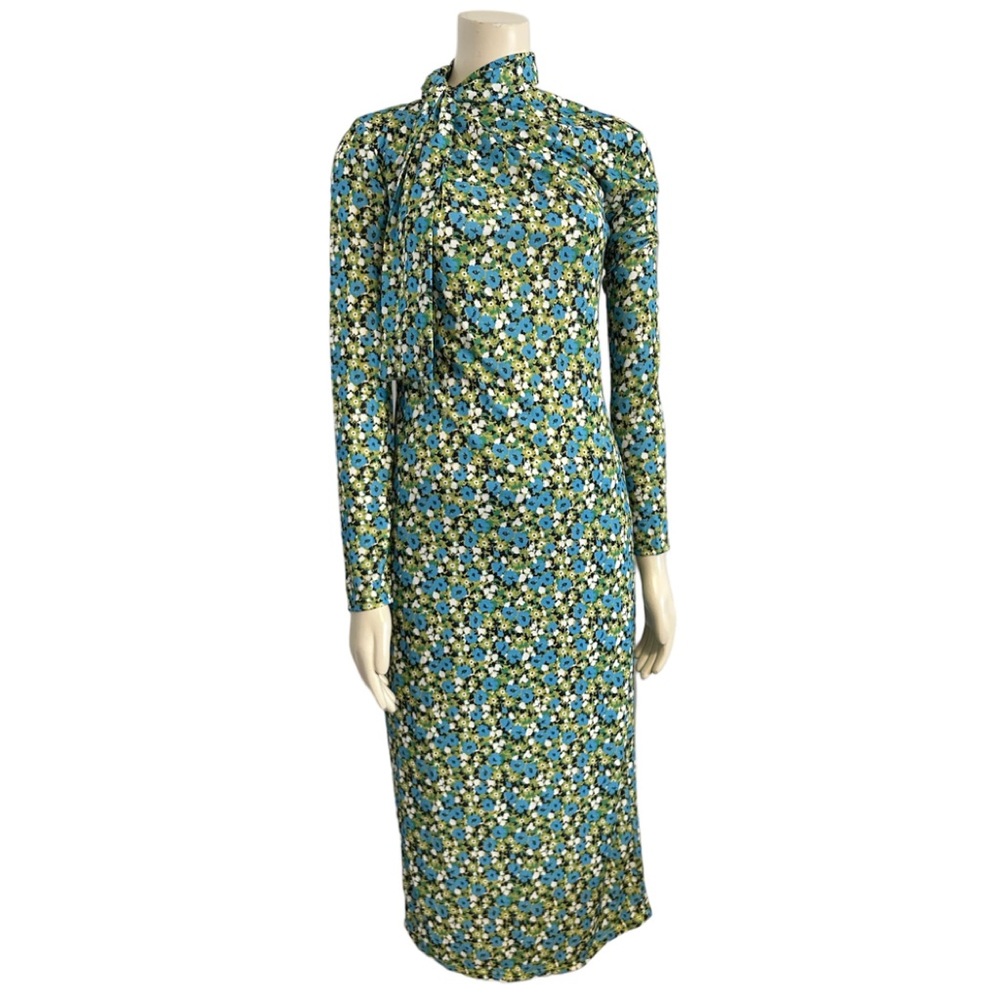 Zara Floral Midi Dress Womens Medium Green Blue‎ Low Back Scarf.